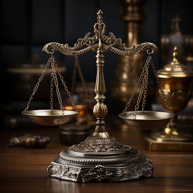 uma balança de justiça metálica no estilo do conceito jurídico de ouro e bronze