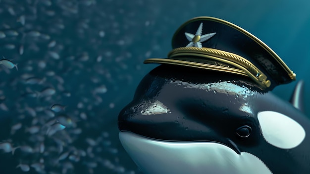 Foto uma baleia assassina vestindo um chapéu de capitão no fundo há um grande cardume de peixes