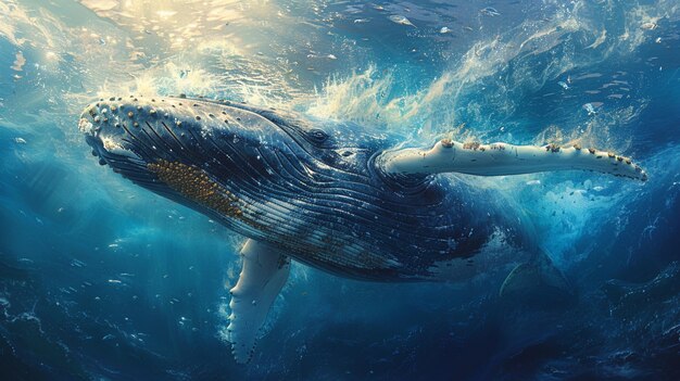 Foto uma baleia está nadando debaixo d'água com uma pessoa nadando na água