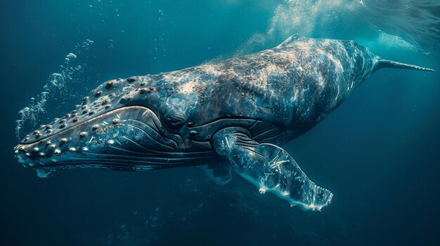 Foto uma baleia está nadando no oceano com as bolhas na água