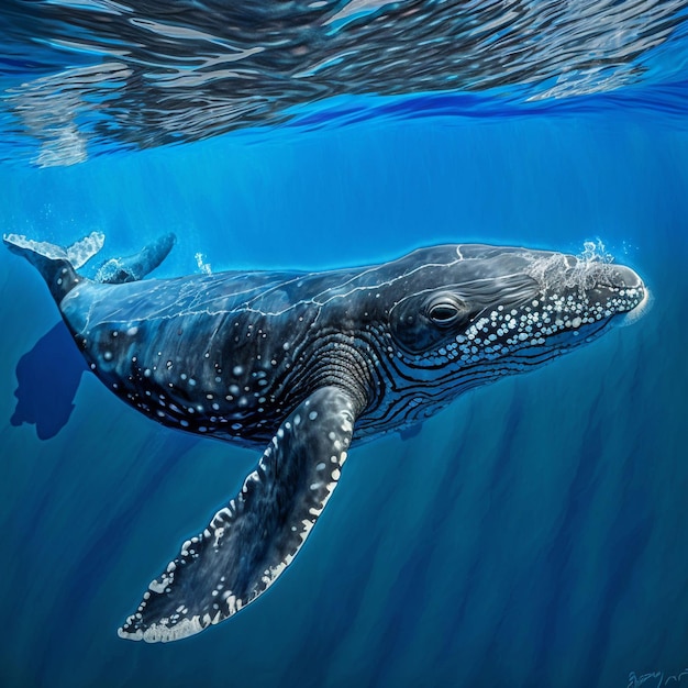 Uma baleia nadando debaixo d'água com a palavra baleia no fundo.