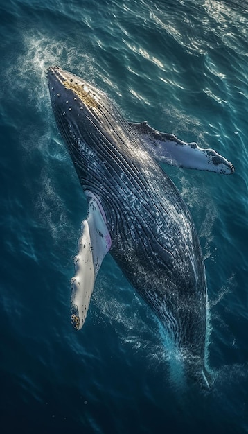 Uma baleia nadando no oceano com a palavra baleia na frente.