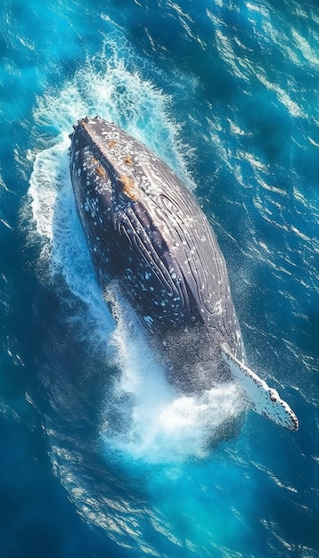 Uma baleia no oceano com a água espirrando ao seu redor.