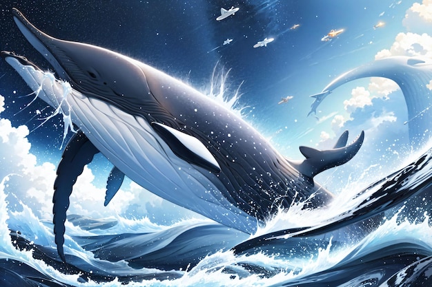 Uma baleia no oceano com uma baleia azul ao fundo