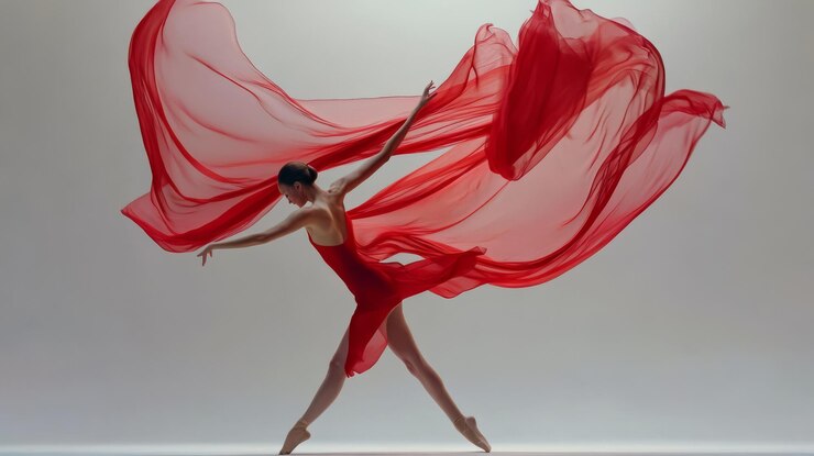 Uma balerina graciosa em um vestido vermelho com tecido fluido executando um movimento de dança contra um fundo branco