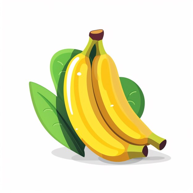 Uma banana amarela com folhas verdes em um fundo branco