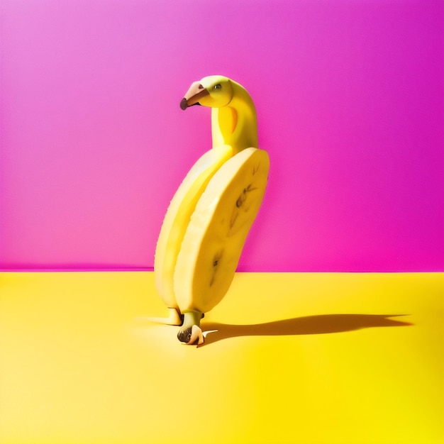 Uma banana que está ao lado de um fundo amarelo e roxo