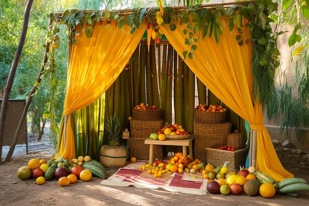 Uma banca de frutas com cestas de frutas e legumes ao fundo.