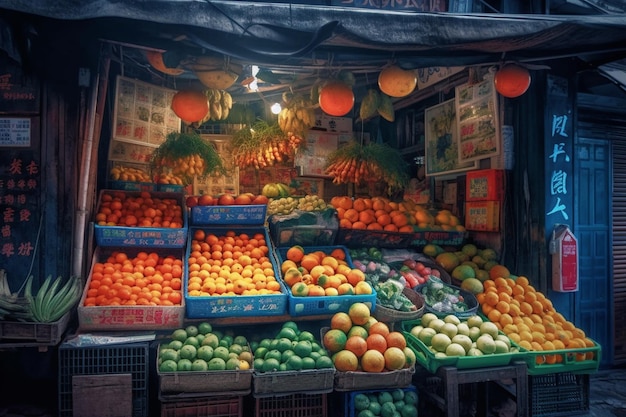 Uma banca de frutas com muitas caixas de laranjas e outras frutas.