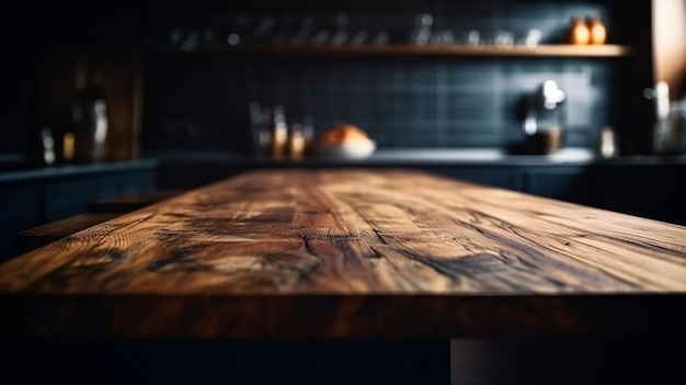 Uma bancada de cozinha com fundo preto e uma cozinha escura com uma mesa de madeira.