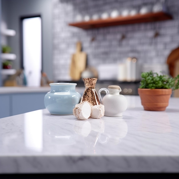 Uma bancada de cozinha com um vaso de plantas e um pote de alho.