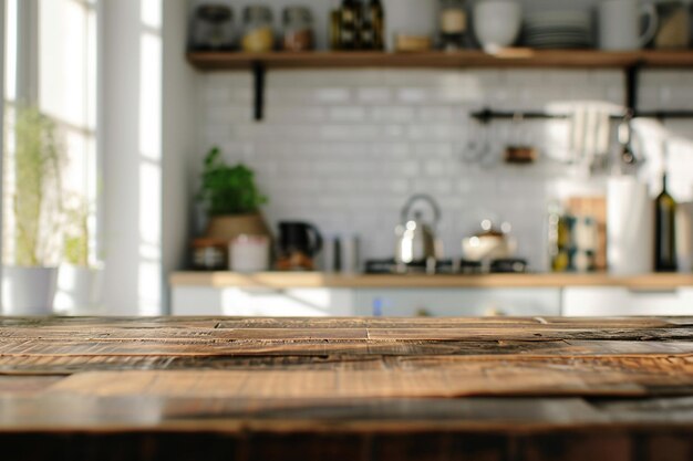 Foto uma bancada vazia em um fundo de cozinha desfocado