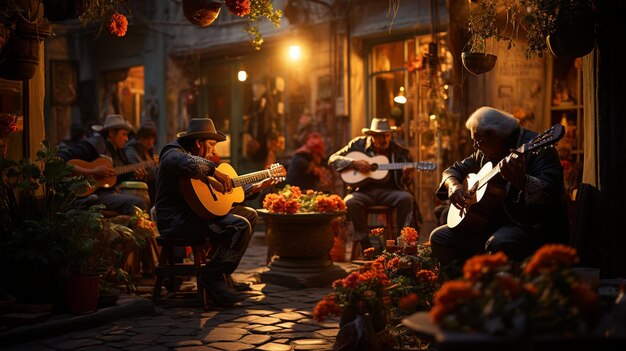 Foto uma banda de mariachi serenando os jantares ao fundo