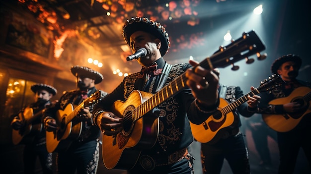 Foto uma banda de mariachi tocando no palco adornado com papel de parede