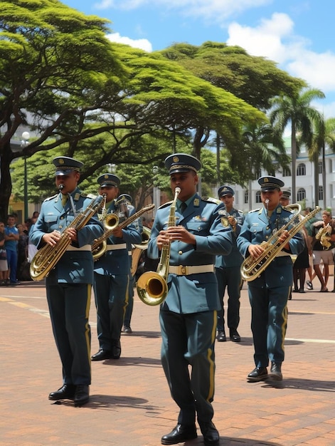 Uma banda de músicos está tocando em um desfile.