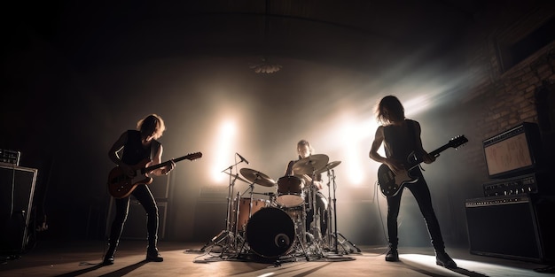 Uma banda de rock se apresentando ou ensaiando em um antigo armazém