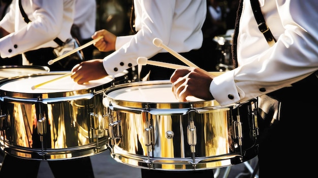 Uma banda musical militar marcha em um desfile militar festivo na rua em um dia ensolarado Celebrando o Dia da Independência da Lembrança