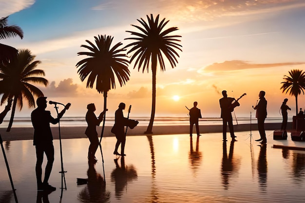 Uma banda toca na praia ao pôr do sol.