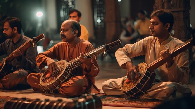 Uma banda tocando música em um templo.