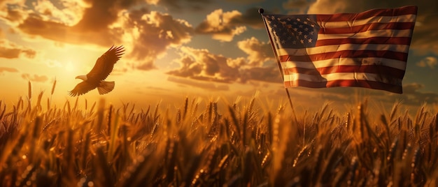 Uma bandeira americana batendo no vento em um campo de trigo com uma águia voando sobre ela