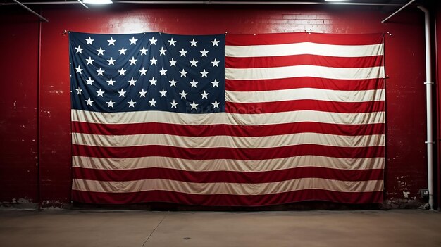 Foto uma bandeira americana pendurada em uma parede de teatro adereços excêntricos adereços simbólicos criador de instalação