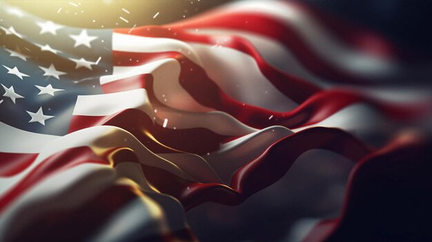Uma bandeira americana tremulando ao vento durante o pôr do sol O símbolo dos EUA o conceito de América