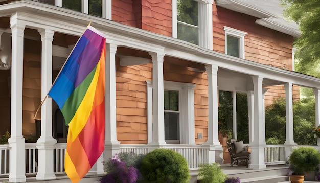 uma bandeira arco-íris está na frente de uma casa