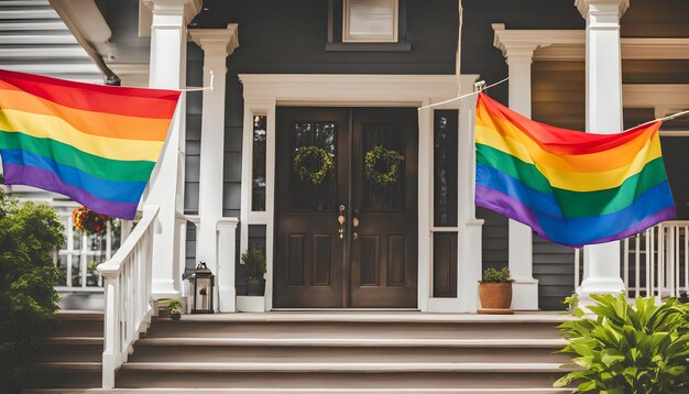 uma bandeira arco-íris pendurada do lado de fora de uma casa