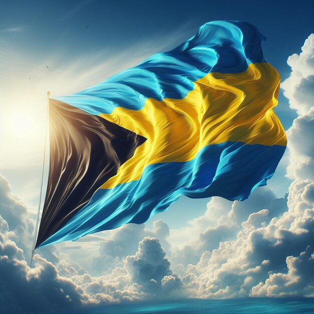 uma bandeira azul e amarela com uma bandeira azuis e amarelas voando no céu