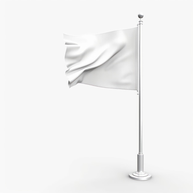 uma bandeira branca em um poste de metal isolado em fundo branco