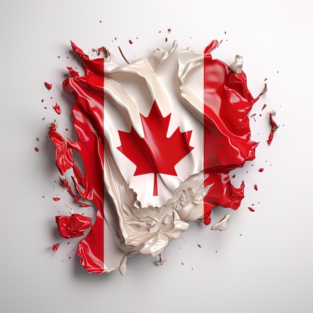 Uma bandeira canadense é rasgada num buraco com uma folha de bordo vermelha.