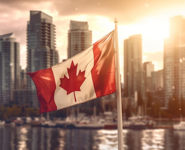 Uma bandeira canadense na frente de um horizonte da cidade