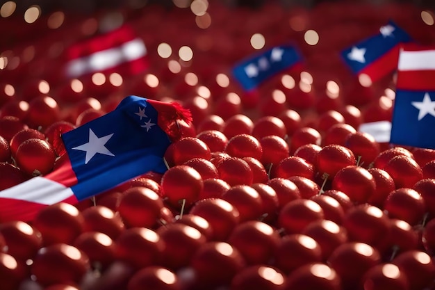 Foto uma bandeira com as estrelas sobre ela está em um fundo vermelho.