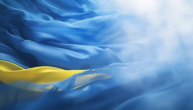 Uma bandeira com listras azuis e amarelas é mostrada em uma atmosfera borrosa e nebulosa