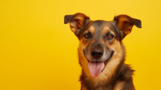 Foto uma bandeira com um cão castanho feliz com a língua pendurada em uma foto de fundo amarelo com cão