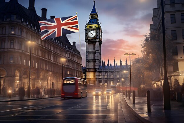 uma bandeira da Grã-Bretanha está sendo colocada em uma rua à luz da noite