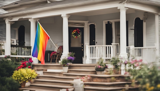 uma bandeira de arco-íris está pendurada de uma varanda na frente de uma casa