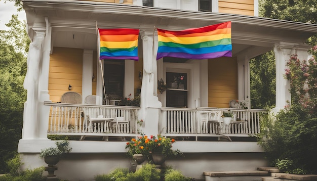 uma bandeira de arco-íris pendurada do lado de fora de uma casa