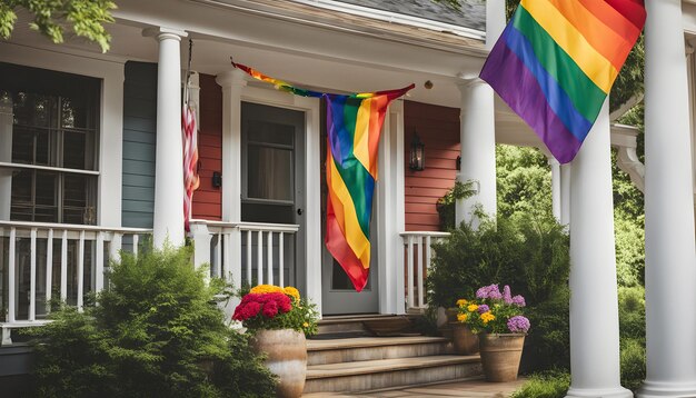 uma bandeira de arco-íris pendurada do lado de fora de uma casa