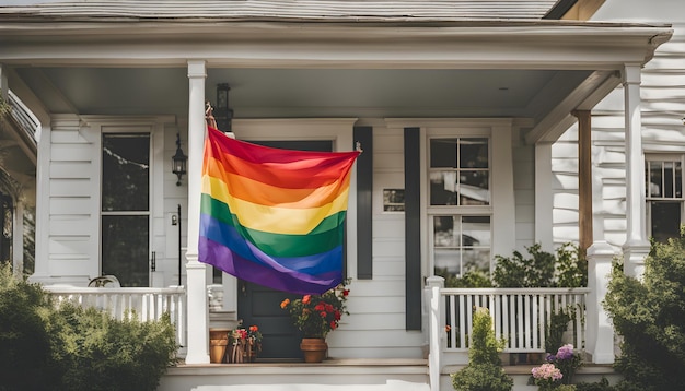 uma bandeira de arco-íris pendurada do lado de fora de uma casa