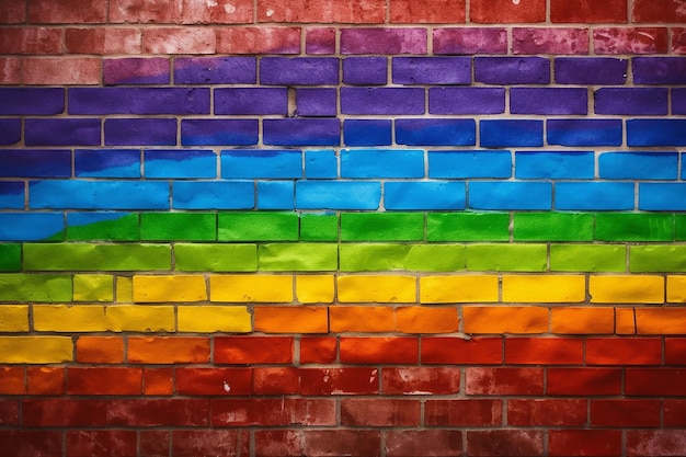 Uma bandeira de arco-íris pintada em uma parede de tijolos
