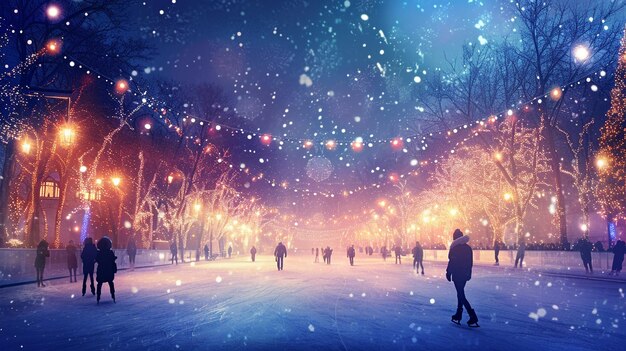 Uma bandeira de tema de inverno colocada em uma pista de patinação sobre gelo festiva com luzes cintilantes e rostos alegres