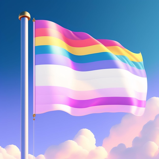 Uma bandeira do arco-íris está acenando no céu.