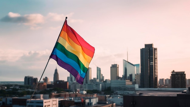 Uma bandeira do arco-íris tremula na frente de uma paisagem urbana.