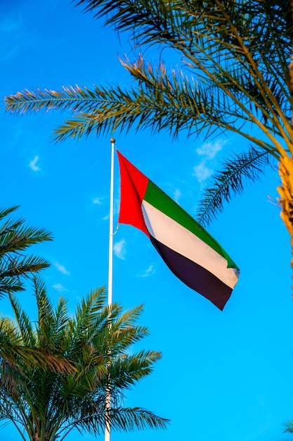 Uma bandeira dos emirados árabes unidos tremulando contra um céu limpo e tranquilo.
