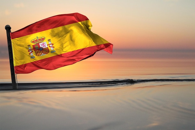 Uma bandeira nacional do país da Espanha em um segundo plano