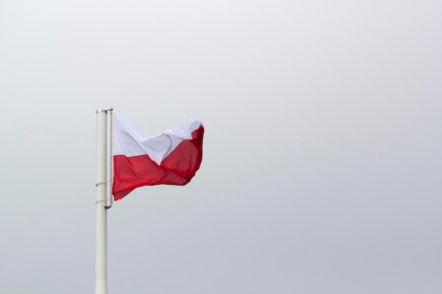 Uma bandeira polonesa tremula em um mastro com o céu ao fundo