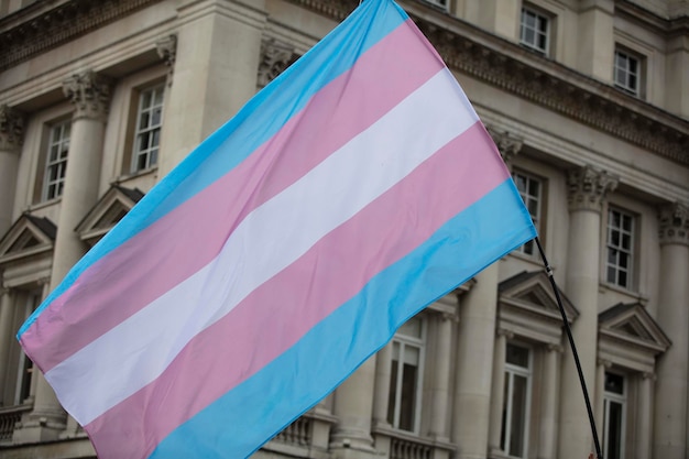 Uma bandeira transgênero sendo acenada na marcha do orgulho gay lgbt