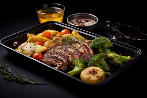 Uma bandeja com legumes de carne e um copo de vinho refeição pré-preparada