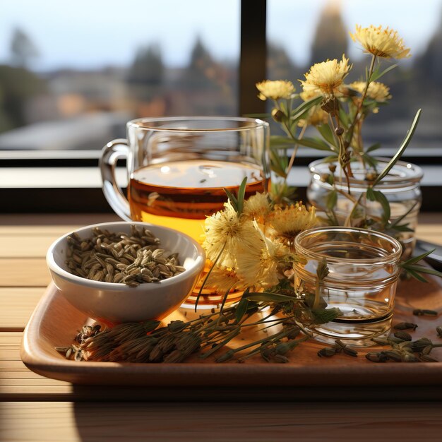 Foto uma bandeja com uma chávena de chá e flores